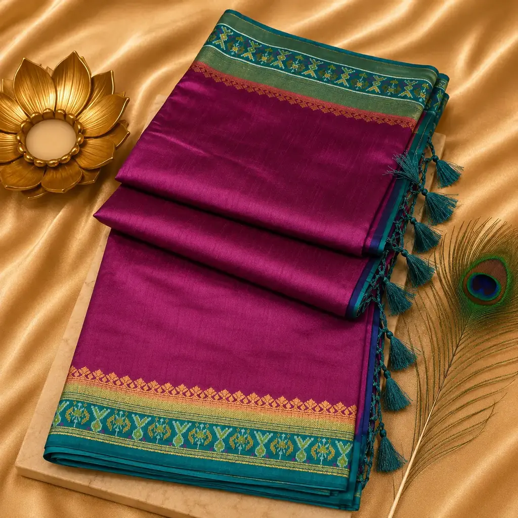 Elegant Purple Silk Saree with Teal Woven Border & Tassels
