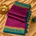Elegant Purple Silk Saree with Teal Woven Border & Tassels