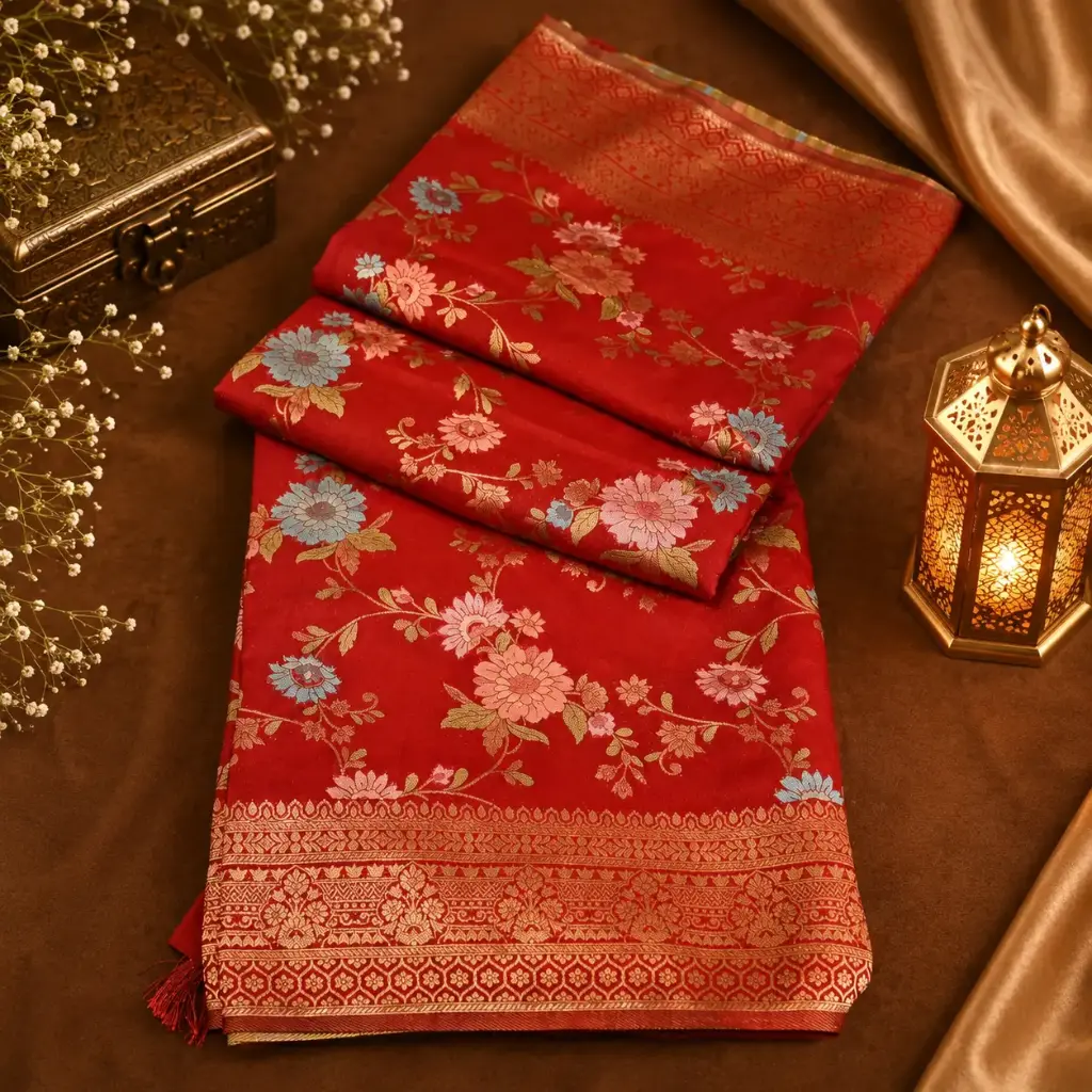 Red Banarasi Kanjivaram Silk Saree with Gold Zari Floral Weaving 