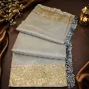 Elegant Silver Grey Soft Silk Saree with Gold Zari Border & Tassels