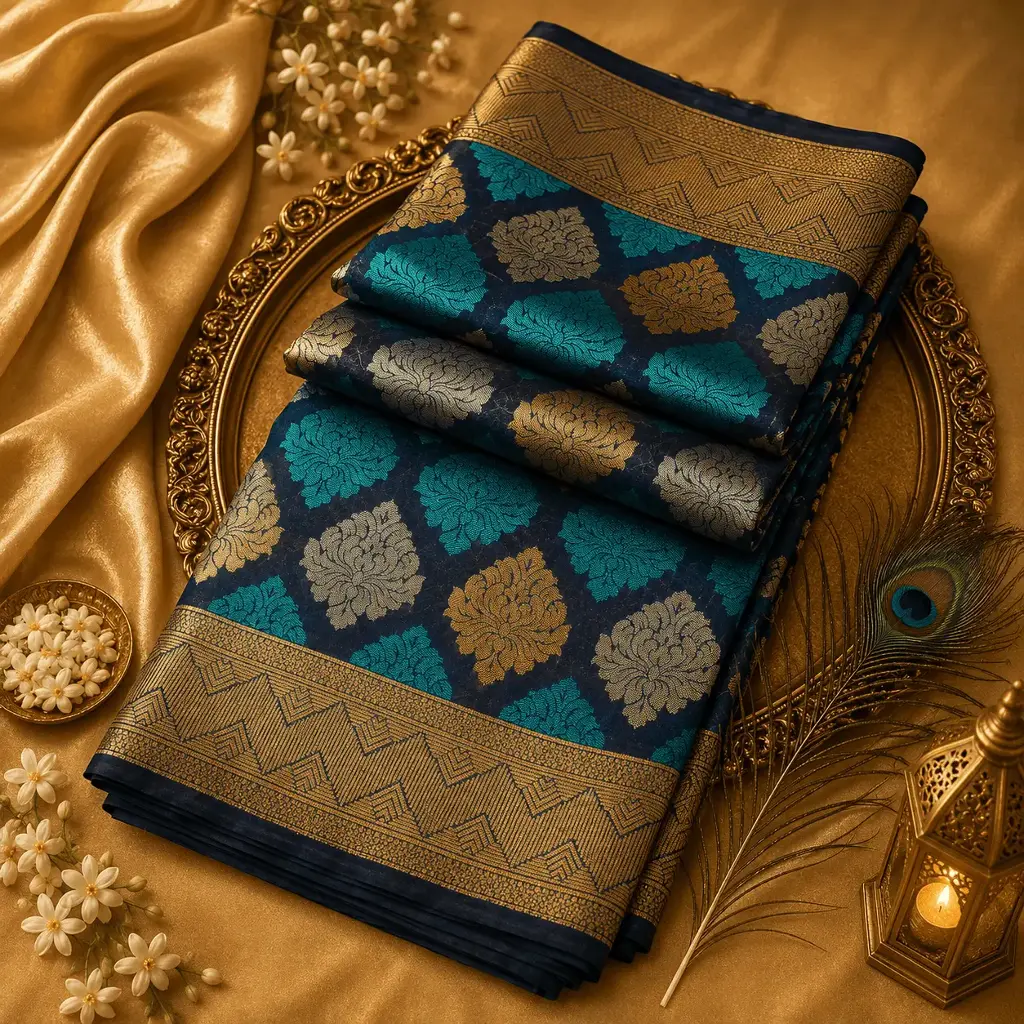 Elegant Charcoal Grey Banarasi Silk Saree with Teal & Gold Floral Zari Motifs