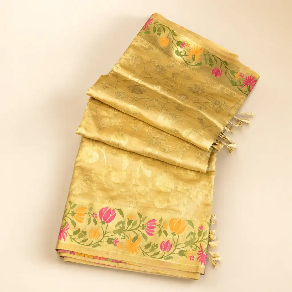 Golden Banarasi Style Saree with Colorful Floral Border and Tassel Pallu Festive Party Wear Women's
