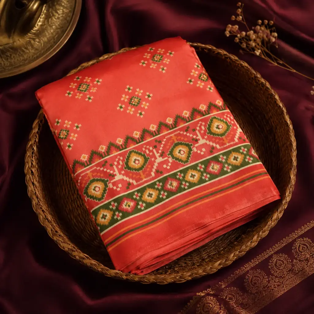 Coral Orange Patola Print Saree with Green Border
