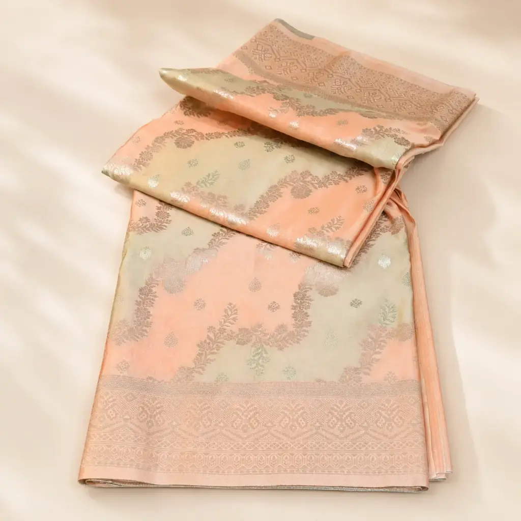 Peach Beige Banarasi Style Saree with Silver Zari Floral Weave