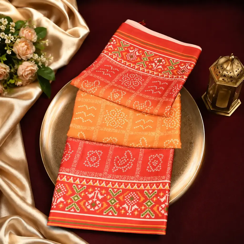 Orange & Peach Bandhani Printed Saree with Traditional Woven Border