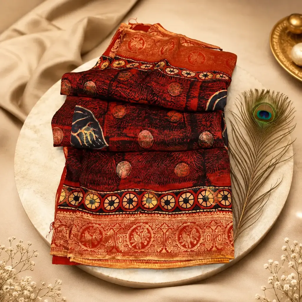 Women's Rust Red Printed Saree with Traditional Border