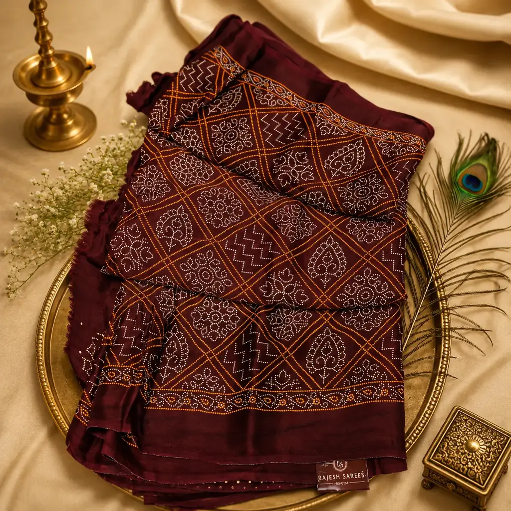 Maroon Bandhani Printed Cotton Silk Saree with Geometric Motifs