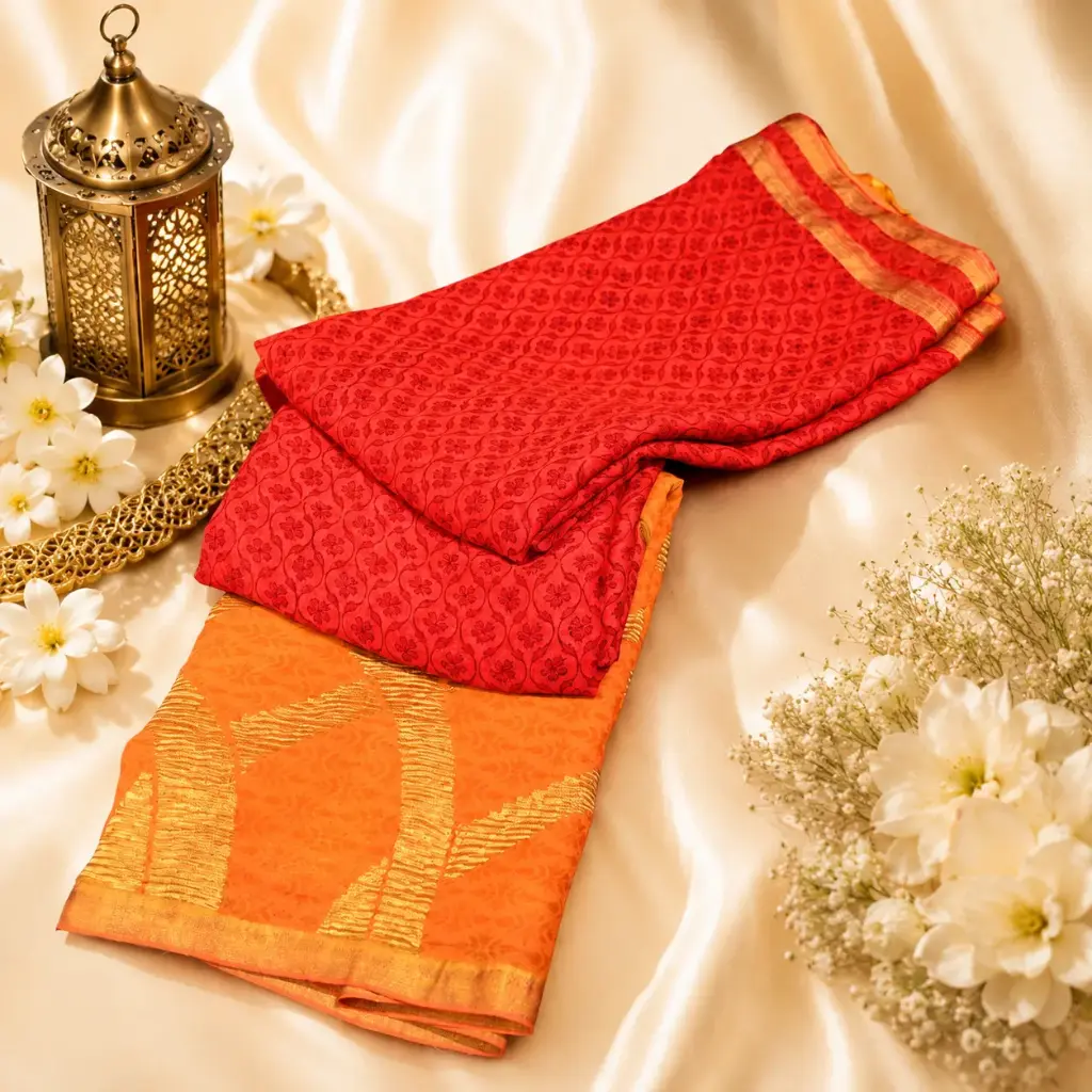Coral Red Silk Blend Saree with Floral Print & Golden Pallu