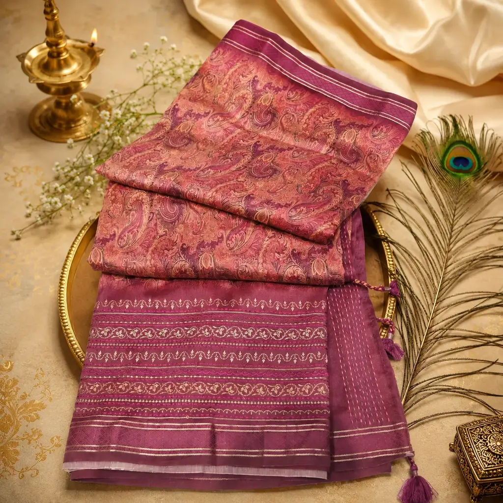 Plum Purple Paisley Printed Cotton Silk Saree with Designer Border & Tassel Pallu