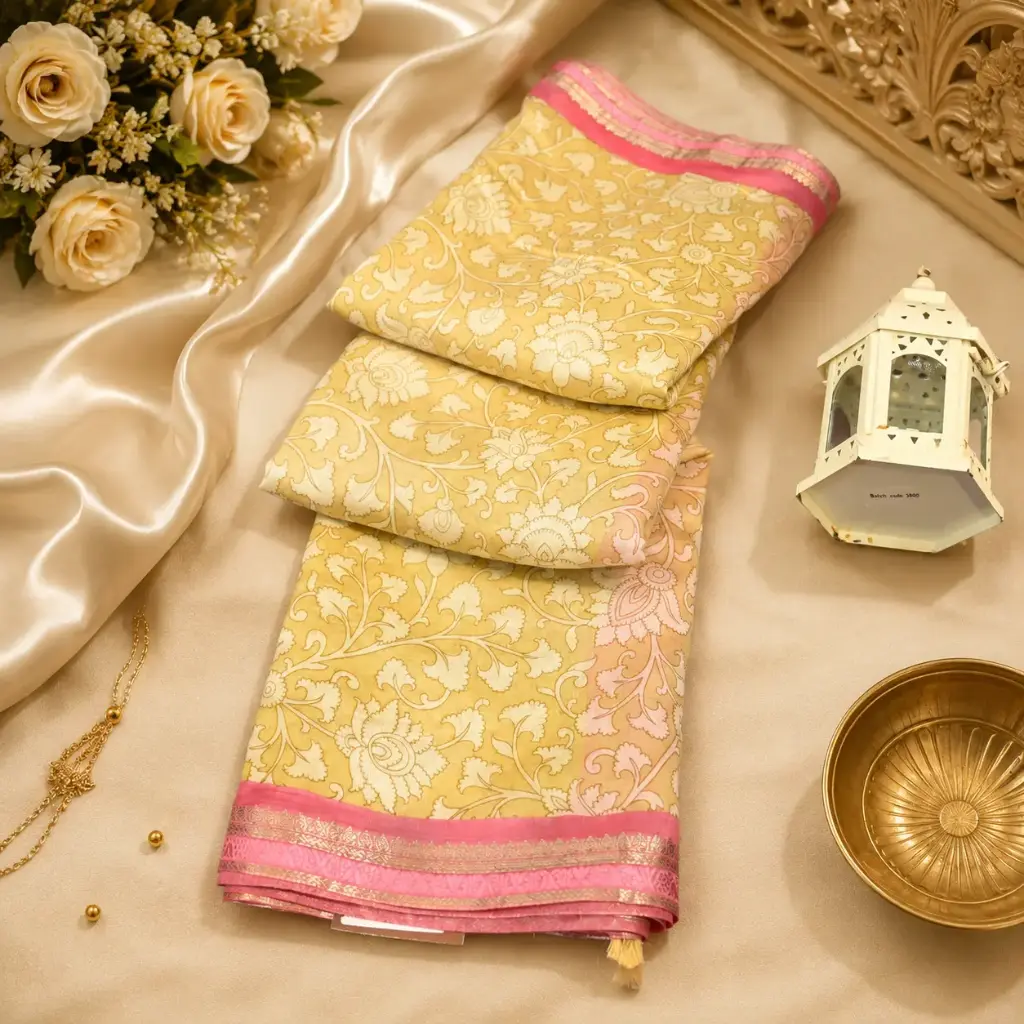 Beige Floral Printed Silk Blend Saree with Pink Zari Border