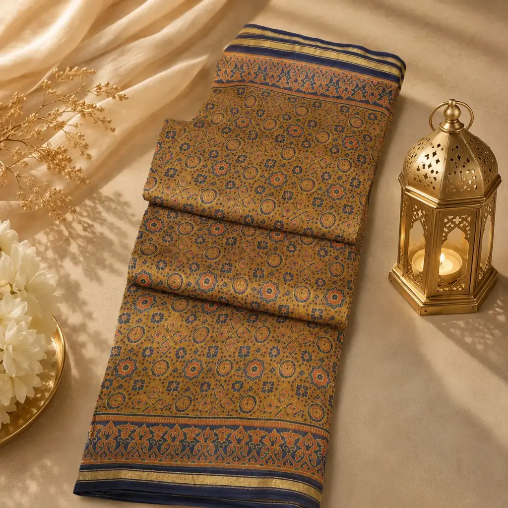 Mustard Printed Silk Blend Saree with Blue Border