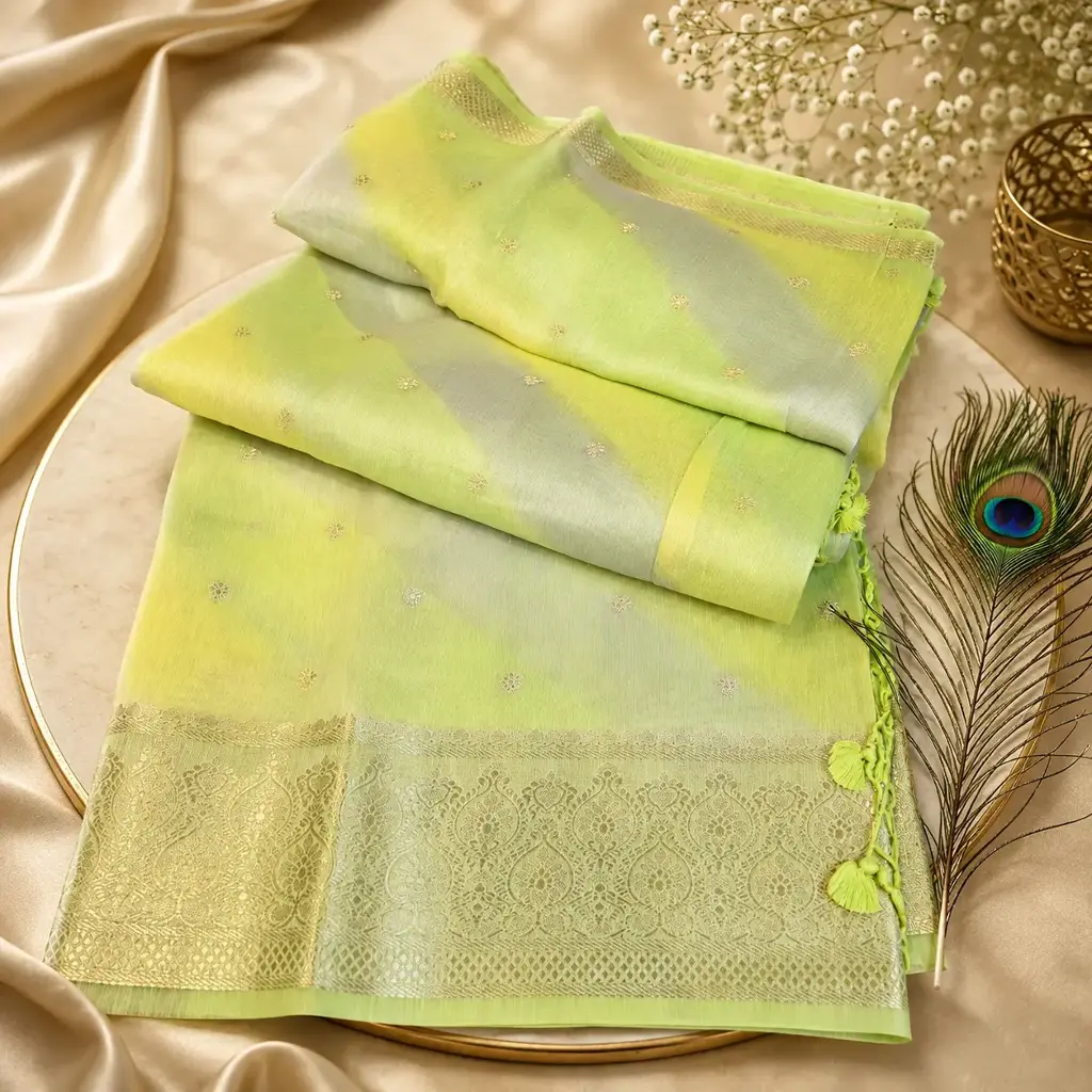 Elegant Lime Green Linen Silk Saree with Gold Zari Border & Tassels