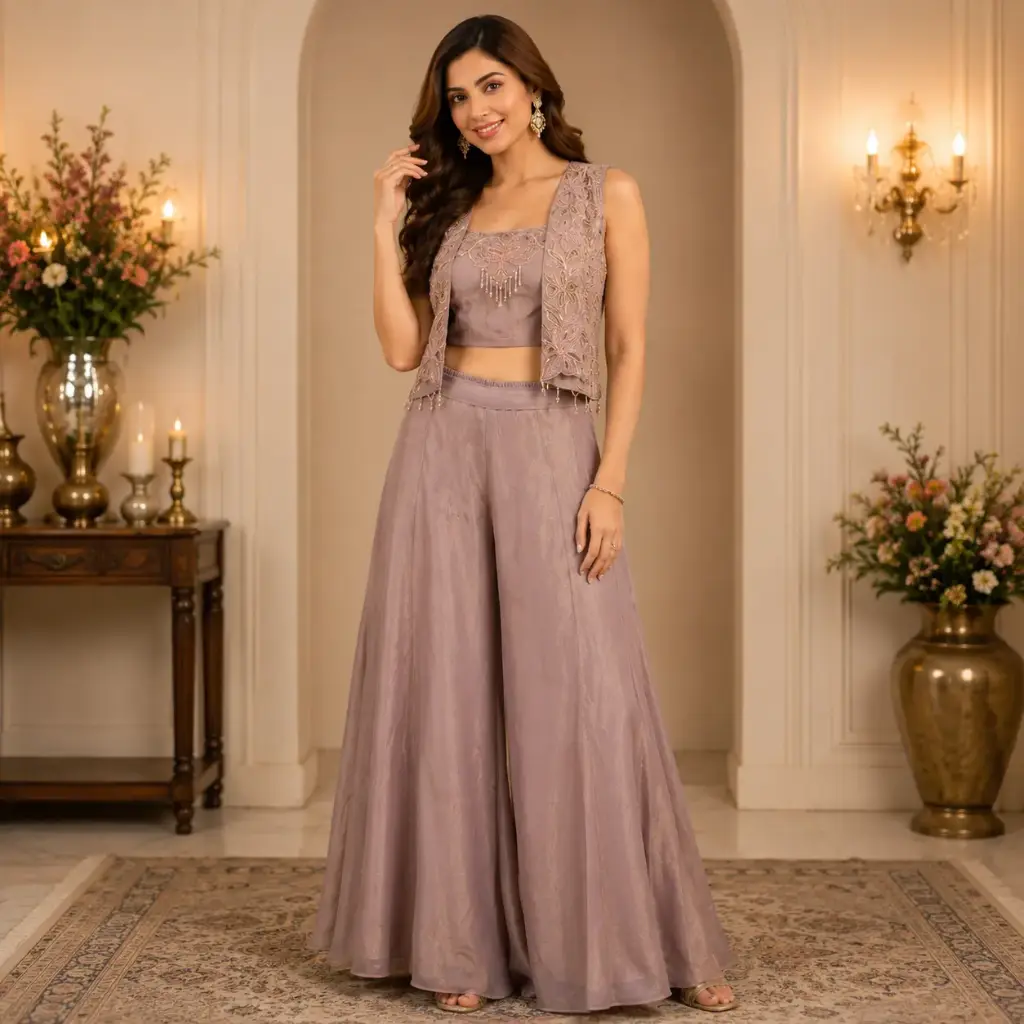 Women's Mauve Embroidered Crop Top with Floral Jacket & Flared Palazzo Set