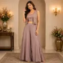 Women's Mauve Embroidered Crop Top with Floral Jacket & Flared Palazzo Set