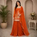 Women's Orange Embroidered Kurta Sharara Set with Chiffon Dupatta