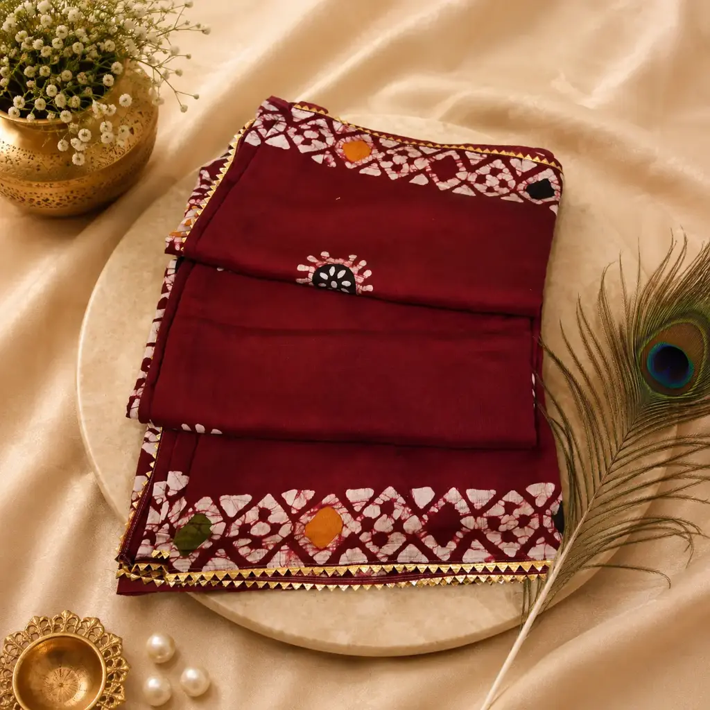 Elegant Maroon Batik Cotton Saree with Handcrafted Border