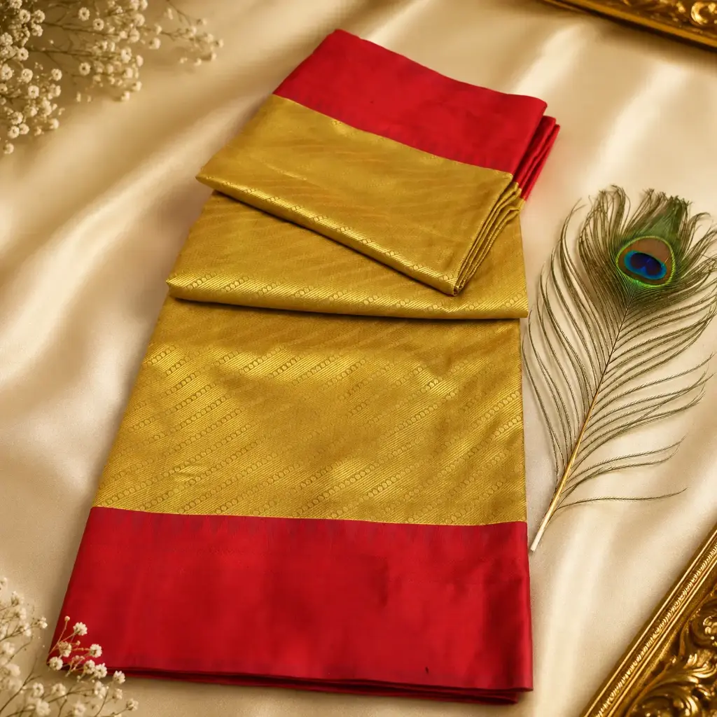 Elegant Gold Silk Saree with Ruby Red Contrast Border & Subtle Woven Design