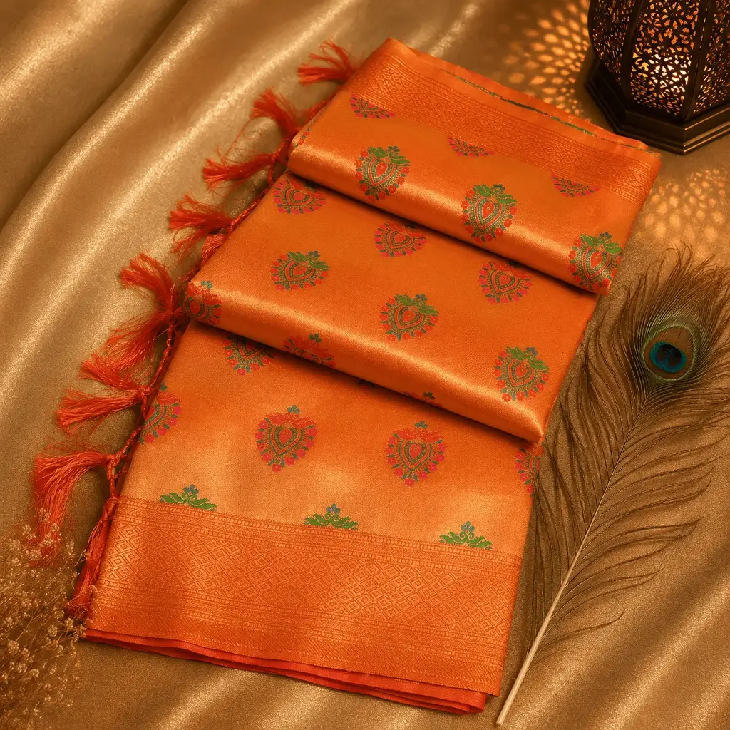Peach Soft Silk Saree with Multicolor Paisley Buttas & Rich Zari Border 