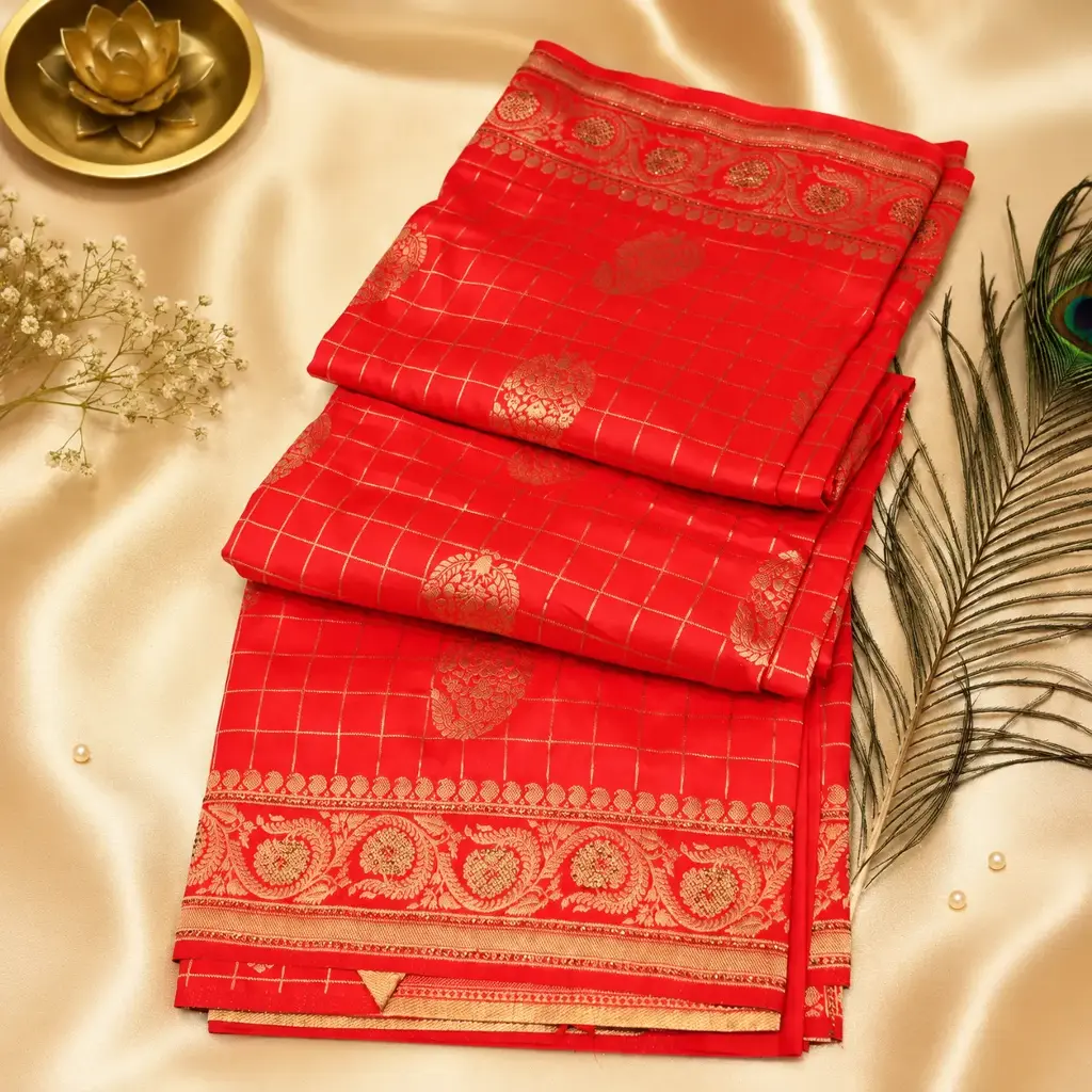 Women's Coral Pink Silk Blend Saree with Golden Zari Checks Border