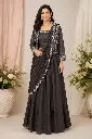 Charcoal Grey Designer Crop Top with Draped Skirt & Embroidered Jacket Co-Ord