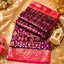 Elegant Purple Banarasi Silk Saree with Gold Zari Motifs & Pink Contrast Border