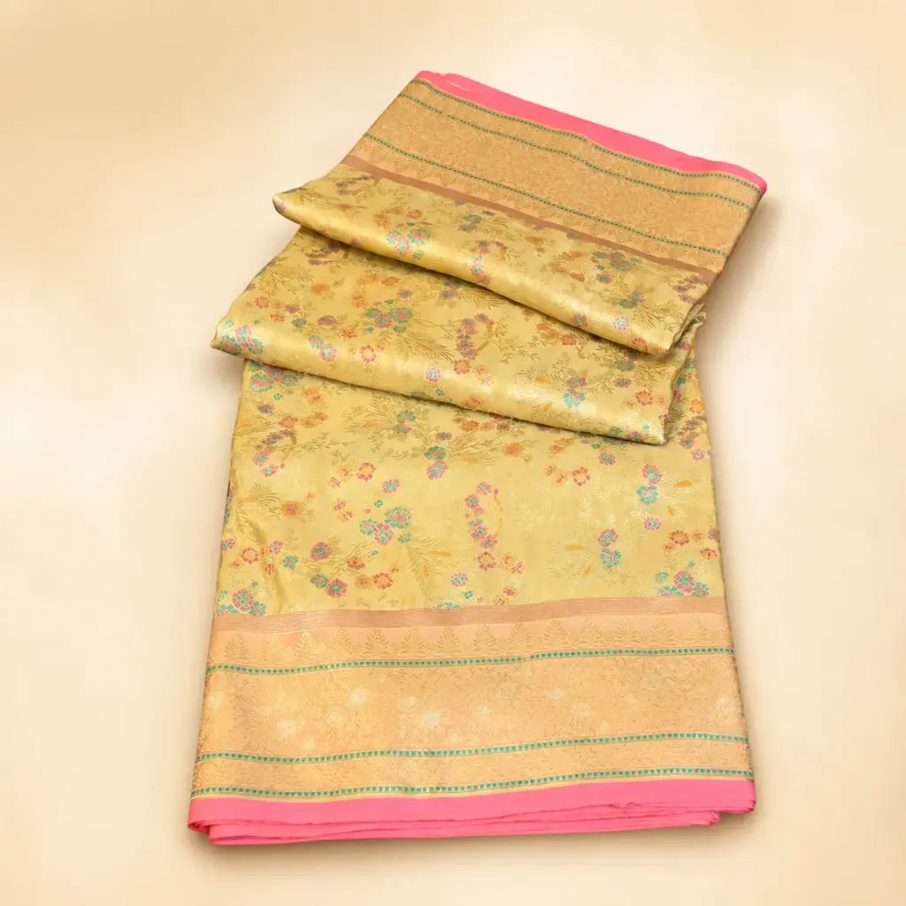 Yellow Gold Banarasi Style Saree with Pink Border and Multicolor Floral Zari