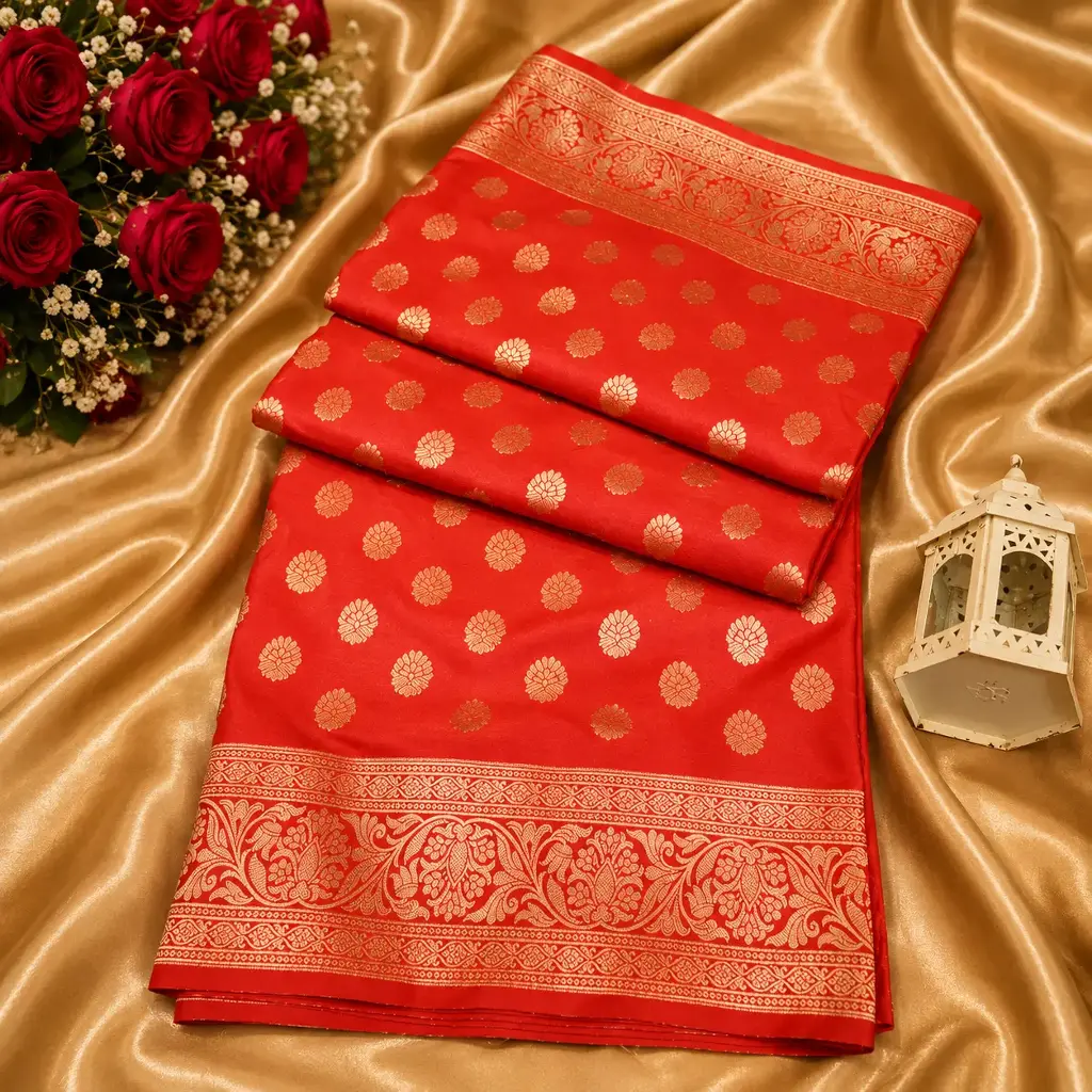 Red Banarasi Silk Saree with Gold Zari Buta & Floral Border