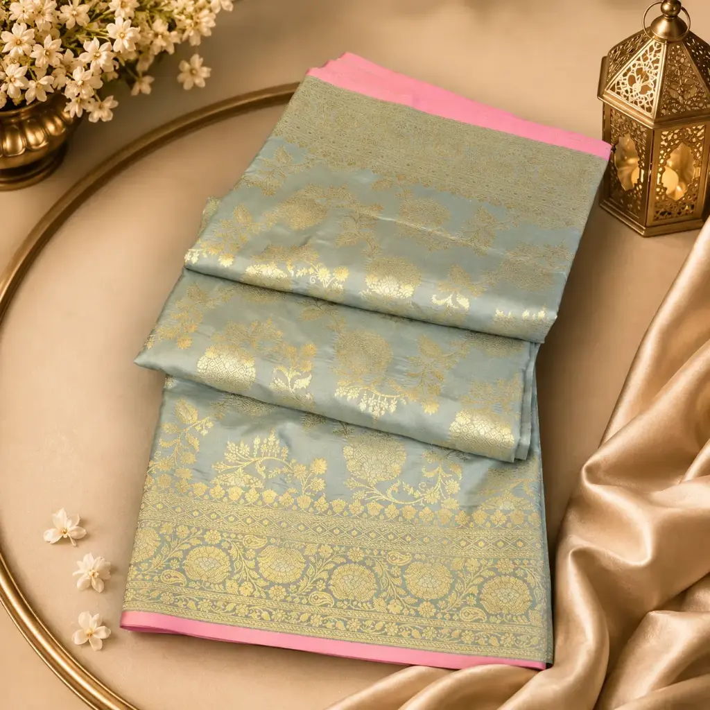 Sky Blue Banarasi Silk Saree with Gold Zari Floral Weaving & Elegant Pink Border for Festive Wear 