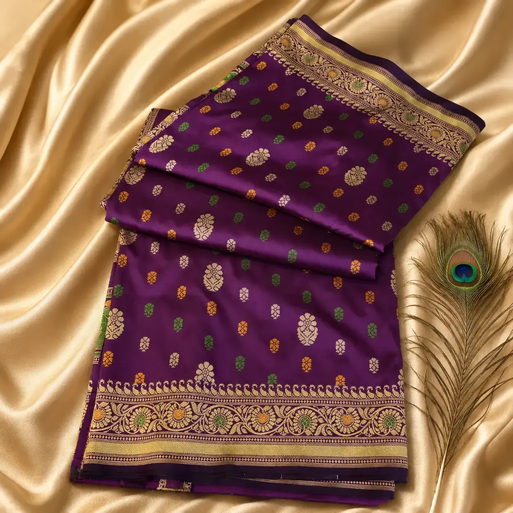 Purple Silk Saree with Multicolor Buti & Gold Zari Floral Border