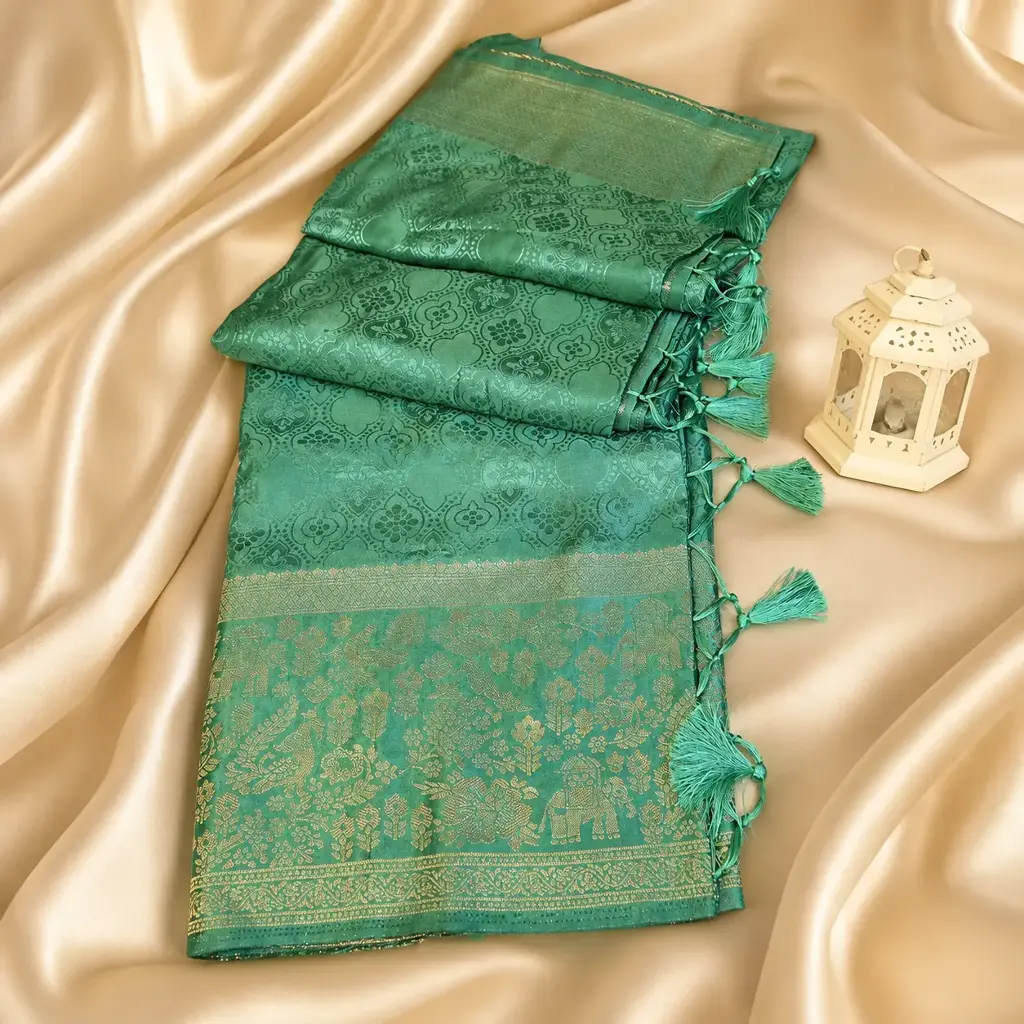 Sea Green Silk Saree with Gold Zari Weave, Tassel Edge & Floral Jacquard