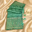 Sea Green Silk Saree with Gold Zari Weave, Tassel Edge & Floral Jacquard
