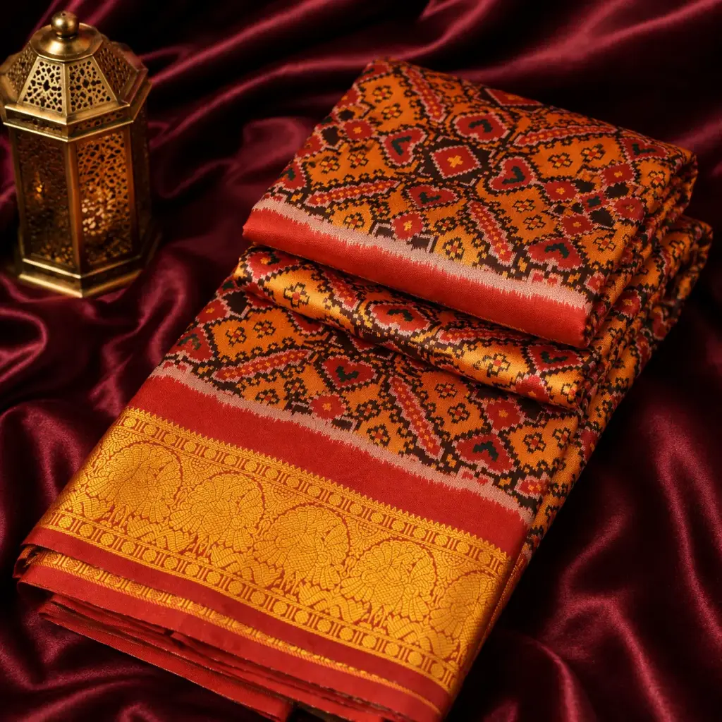 Rust Orange Patola Print Saree with Golden Zari Border