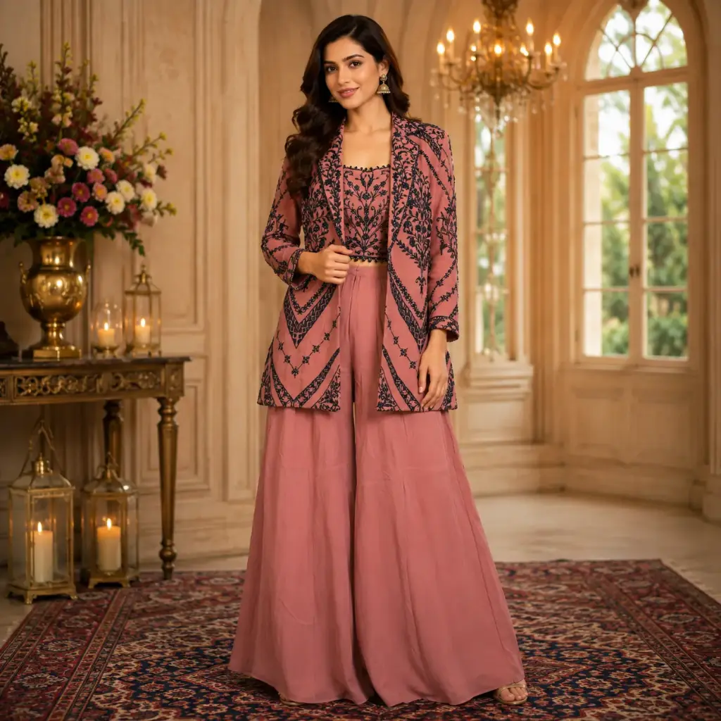 Dusty Rose Embroidered Palazzo Set for Women with Designer Jacket