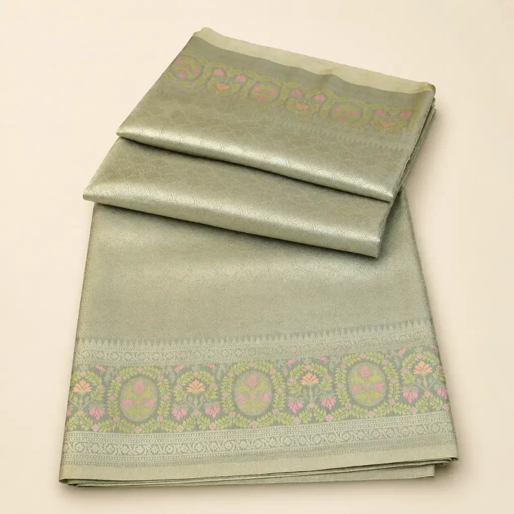 Sage Green Gold Banarasi Style Saree with Floral Zari Border