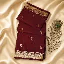Maroon Silk Saree with Gold Zari Buti, Scallop Border & Peacock Feather Styling 