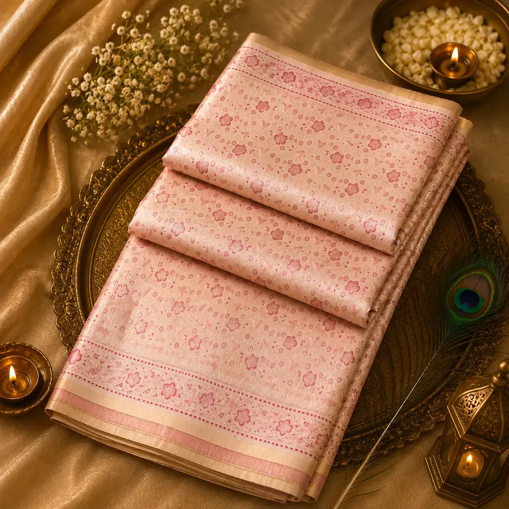 Baby Pink Banarasi Silk Saree with Floral Zari Weaving & Elegant Border