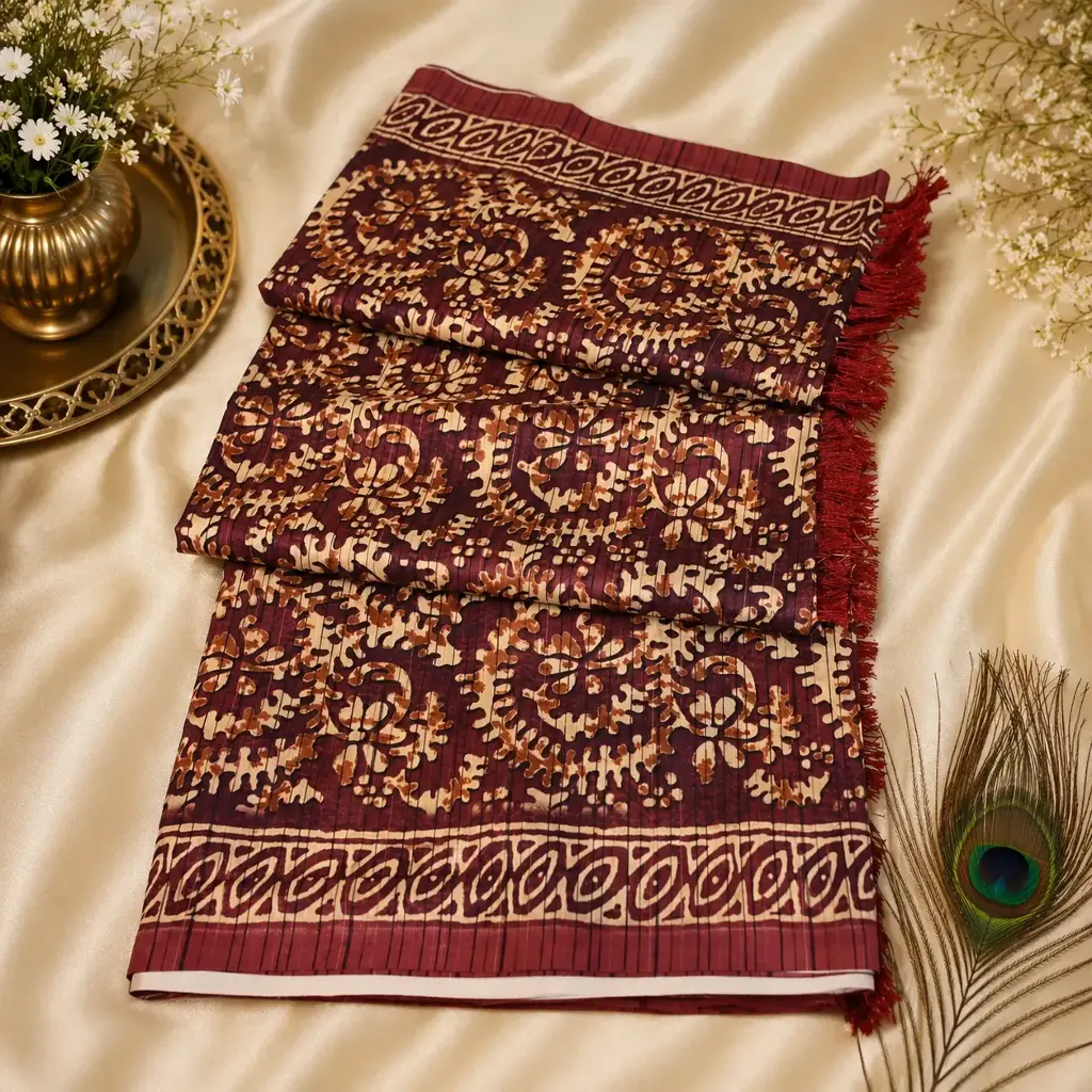 Elegant Maroon & Beige Ethnic Printed Saree with Tassels