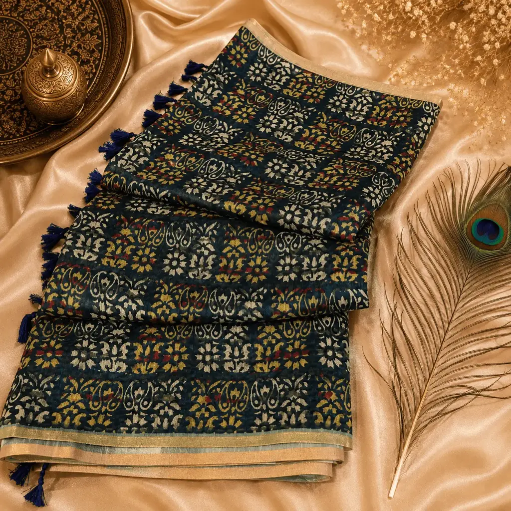Elegant Navy Blue Floral Printed Cotton Linen Saree with Tassels & Traditional Ethnic Wear