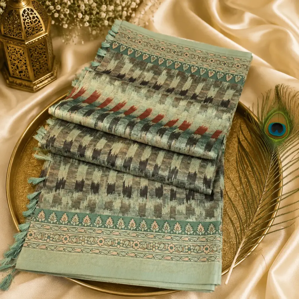 Elegant Mint Green Ikat Silk Blend Saree with Floral Border & Tassel Pallu