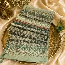 Elegant Mint Green Ikat Silk Blend Saree with Floral Border & Tassel Pallu