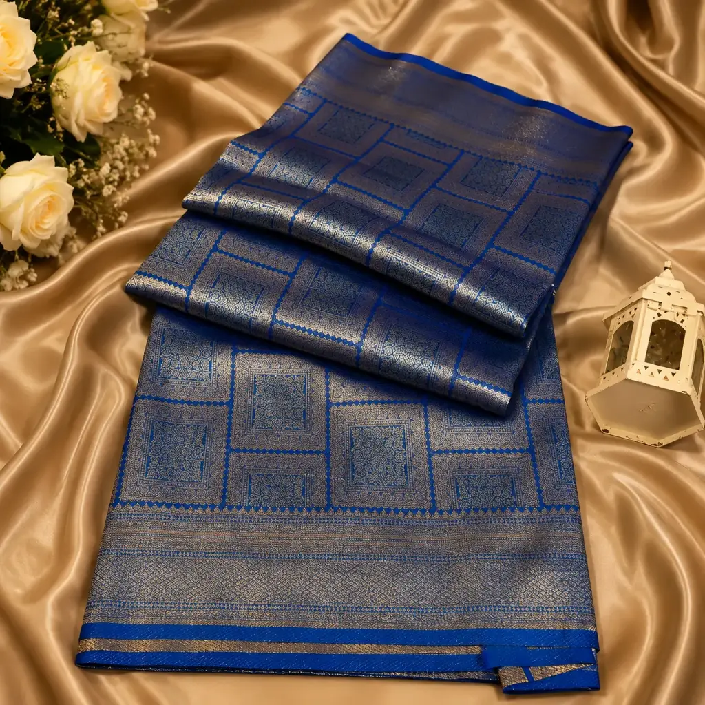 Elegant Royal Blue Banarasi Silk Saree with Silver Zari Checks and Rich Woven Border
