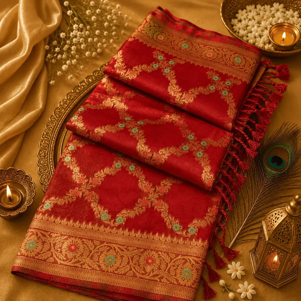 Elegant Ruby Red Banarasi Silk Saree with Gold Zari Floral Weave & Designer Border 