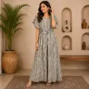 Women's Grey Printed Maxi Dress | Elegant Flutter Sleeve Long Gown