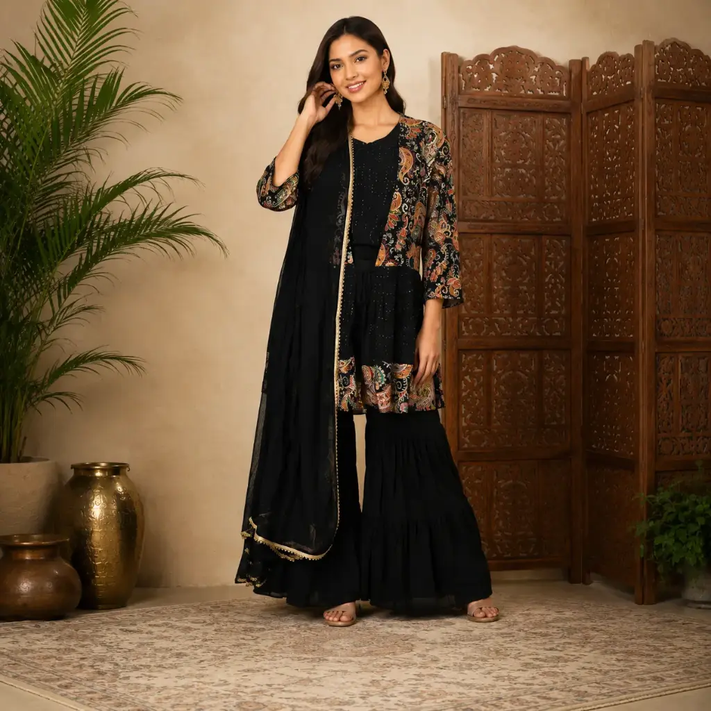 Women's Black Printed Kurta Sharara Set with Dupatta | Ethnic Party Wear Co-Ord Set