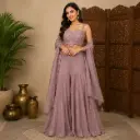 Women's Mauve Embroidered Crop Top Sharara Set with Dupatta