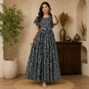 Women's Navy Blue Printed Maxi Dress with Ruffle Sleeves Elegant Long Gown