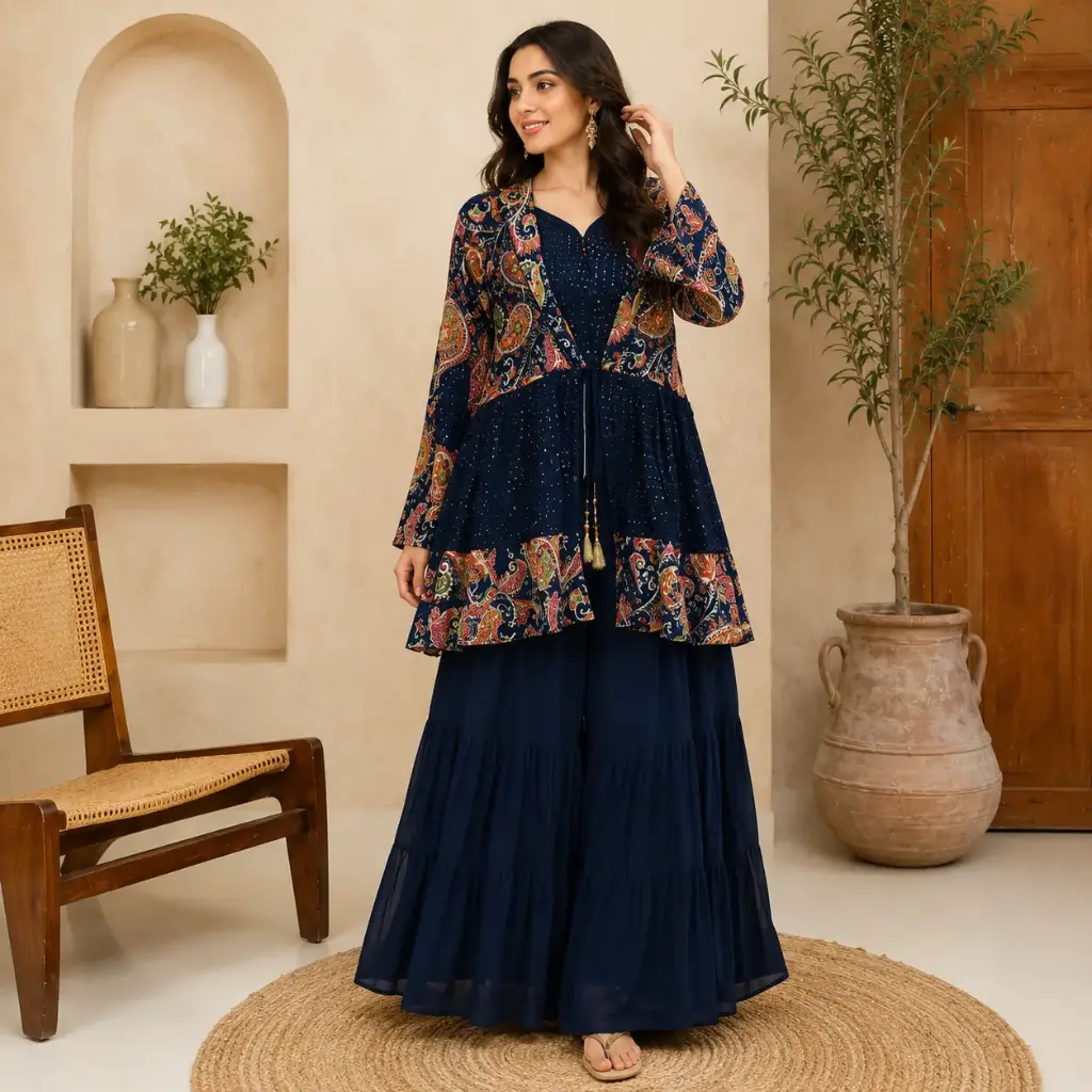 Women's Navy Blue Paisley Printed Palazzo Set with Flared Shrug Style Kurti
