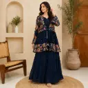 Women's Navy Blue Paisley Printed Palazzo Set with Flared Shrug Style Kurti