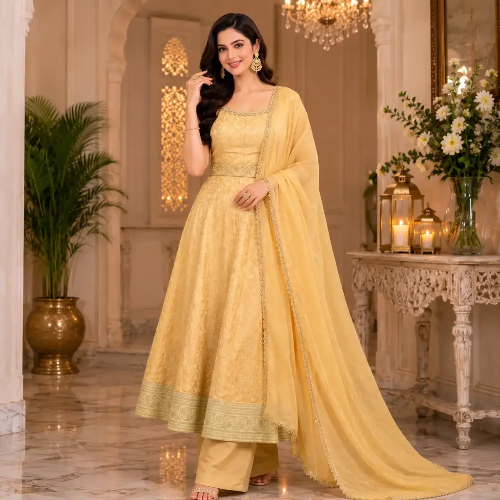 Women's Cream Embroidered Anarkali Suit Set with Dupatta & Straight Pants