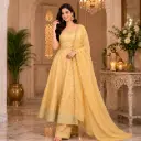 Women's Cream Embroidered Anarkali Suit Set with Dupatta & Straight Pants